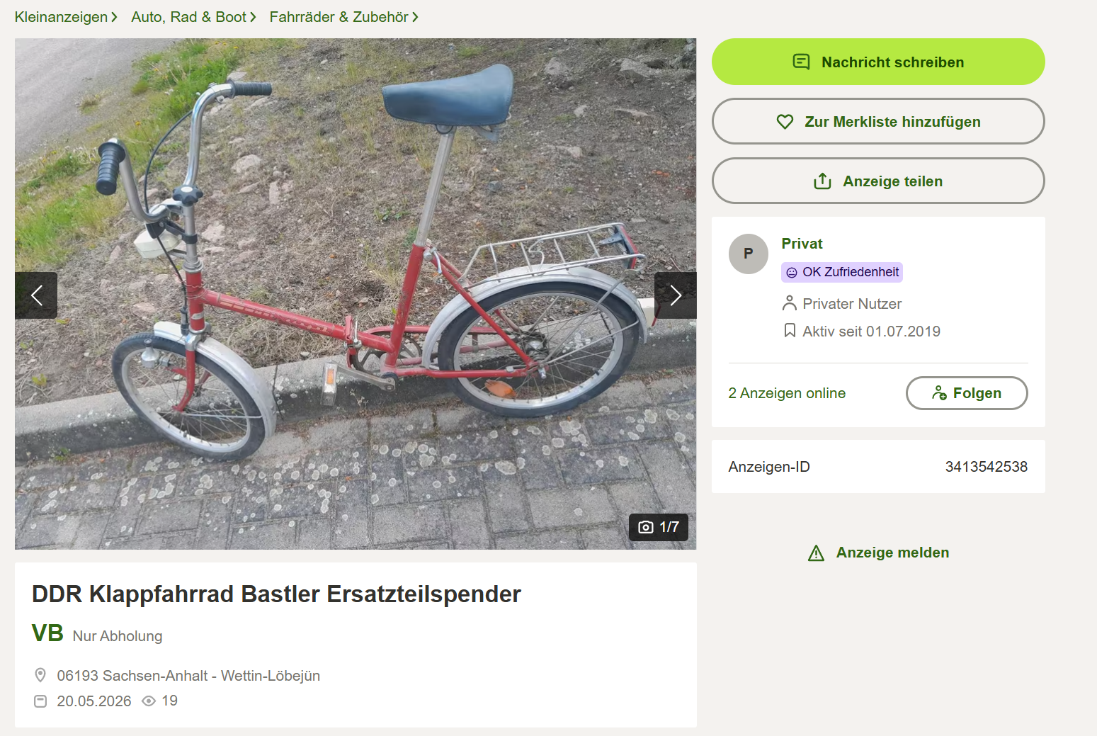 Screenshot einer Fahrrad-Anzeige auf Kleinanzeigen