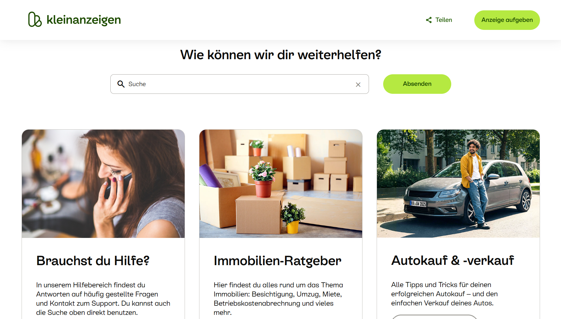 Screenshot der Kleinanzeigen Startseite oder Hilfe-Seite